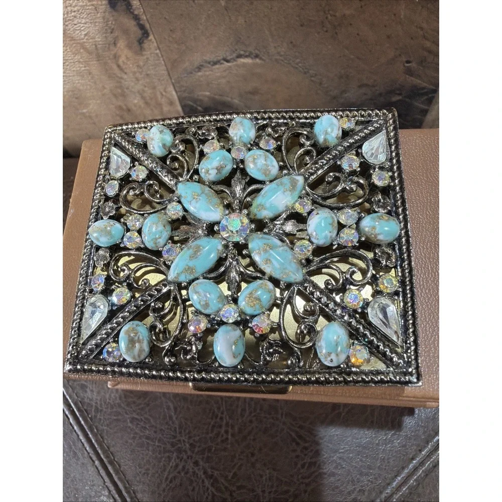 Jeweled Powder Compact Case Gold Brass Faux Turquoise 1950s SF Co 5th Ave Vtg